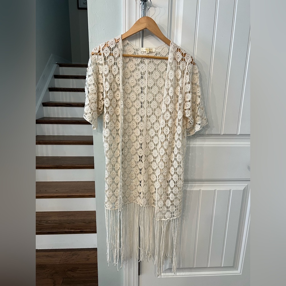 Rebellion Cotton Fringe Open Front Cardigan Kimono Boho Festival XS Cream